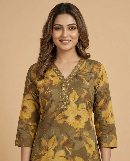 Mustard Cotton Straight Suit with Floral Motif - Rangoli India