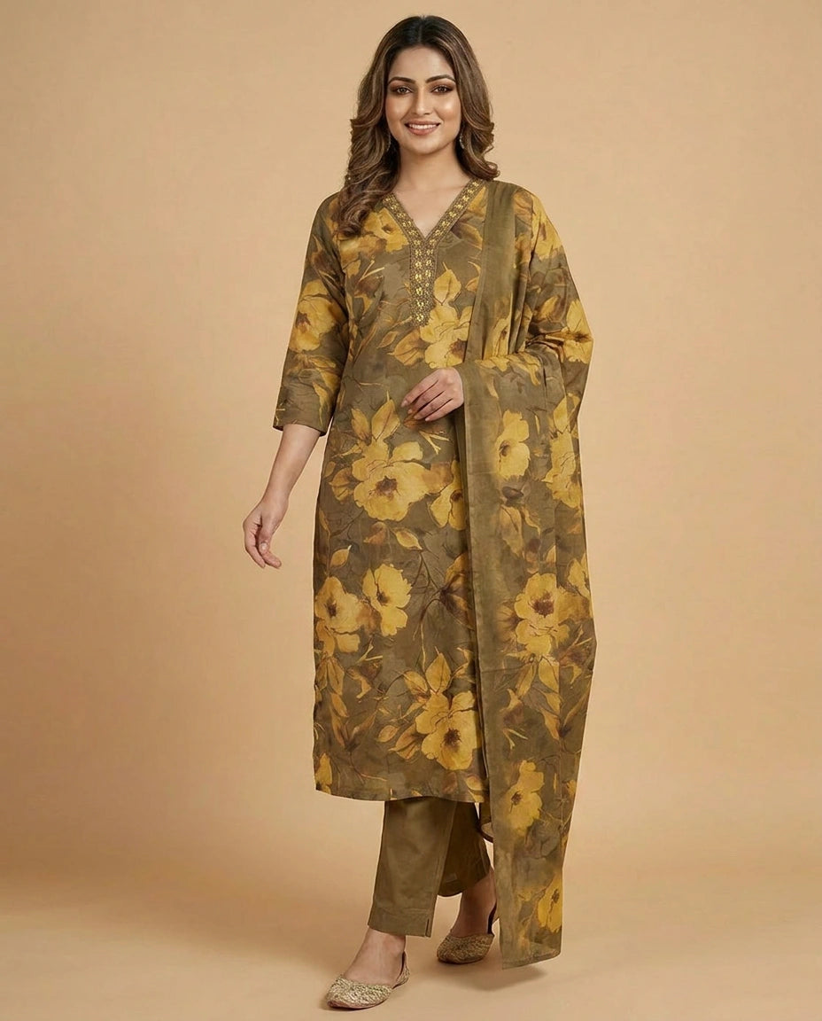 Mustard Cotton Straight Suit with Floral Motif - Rangoli India
