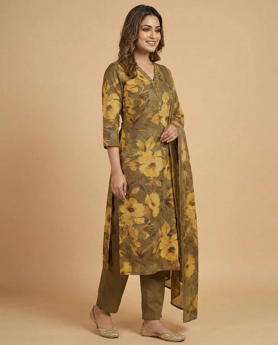 Mustard Cotton Straight Suit with Floral Motif - Rangoli India