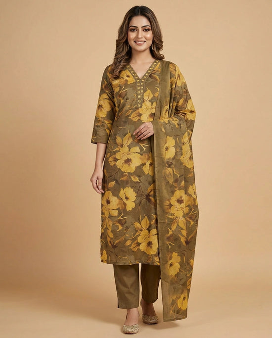 Mustard Cotton Straight Suit with Floral Motif - Rangoli India