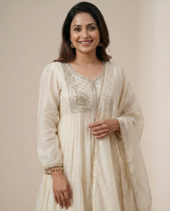 Off White Chanderi A-Line Suit - Rangoli India