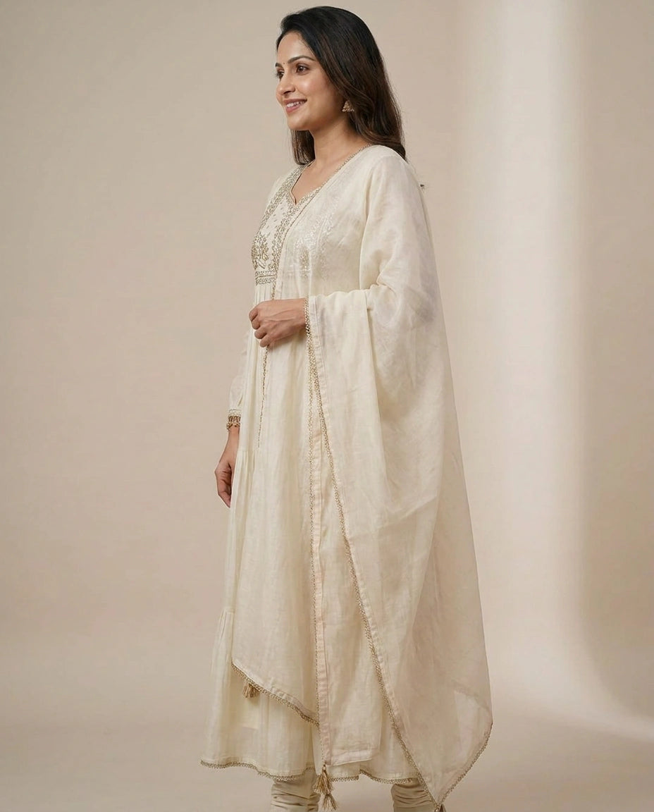 Off White Chanderi A-Line Suit - Rangoli India