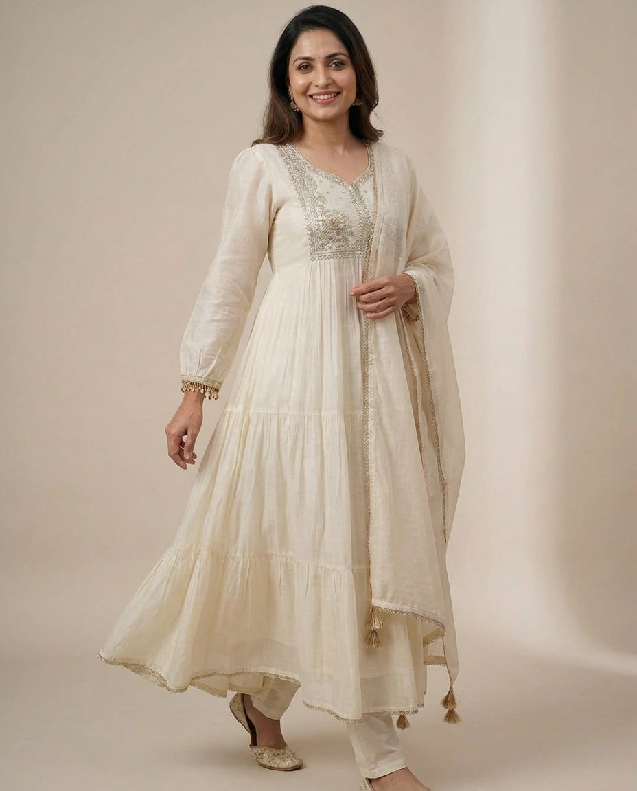 Off White Chanderi A-Line Suit - Rangoli India