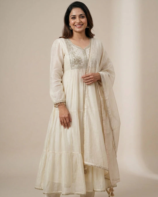 Off White Chanderi A-Line Suit - Rangoli India