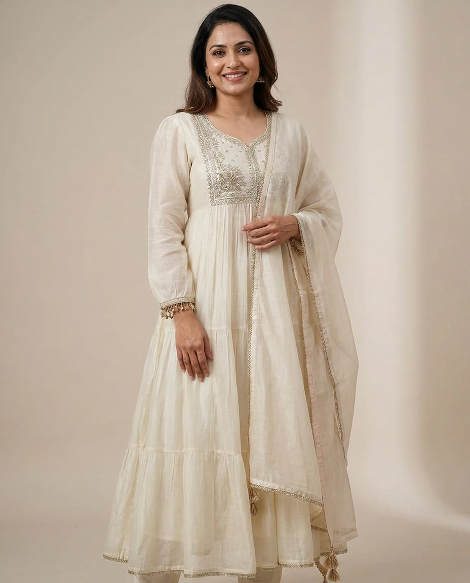 Off White Chanderi A-Line Suit - Rangoli India