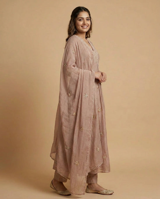 Pink Cotton A-Line Suit with Floral Motif - Rangoli India