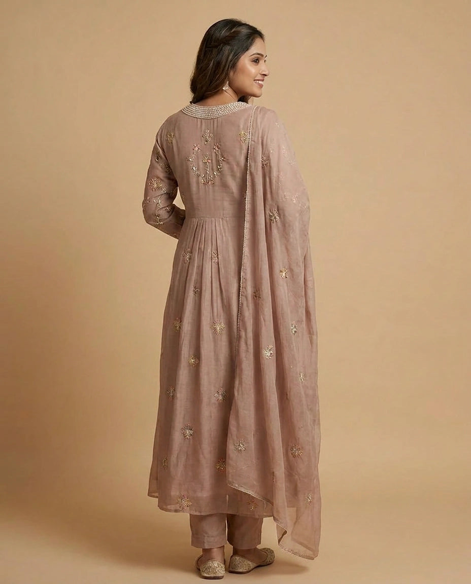 Pink Cotton A-Line Suit with Floral Motif - Rangoli India