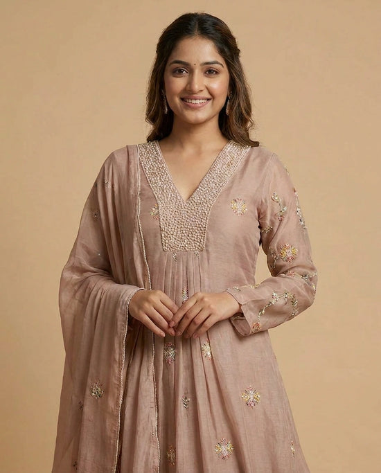 Pink Cotton A-Line Suit with Floral Motif - Rangoli India