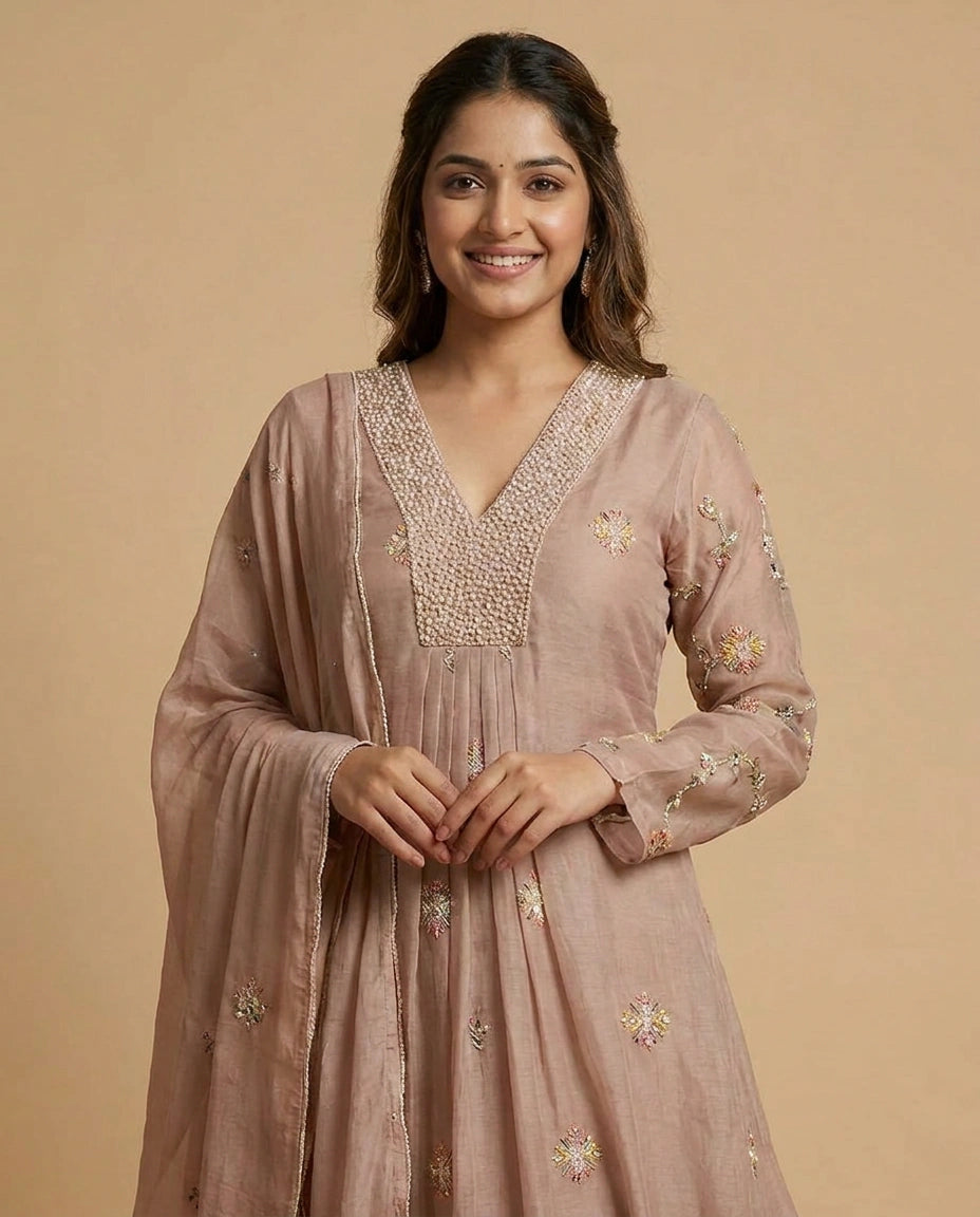 Pink Cotton A-Line Suit with Floral Motif - Rangoli India