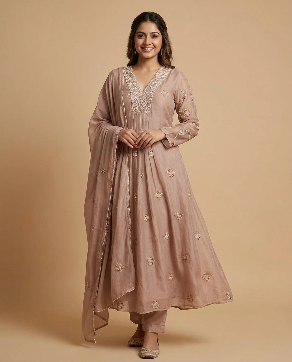 Pink Cotton A-Line Suit with Floral Motif - Rangoli India
