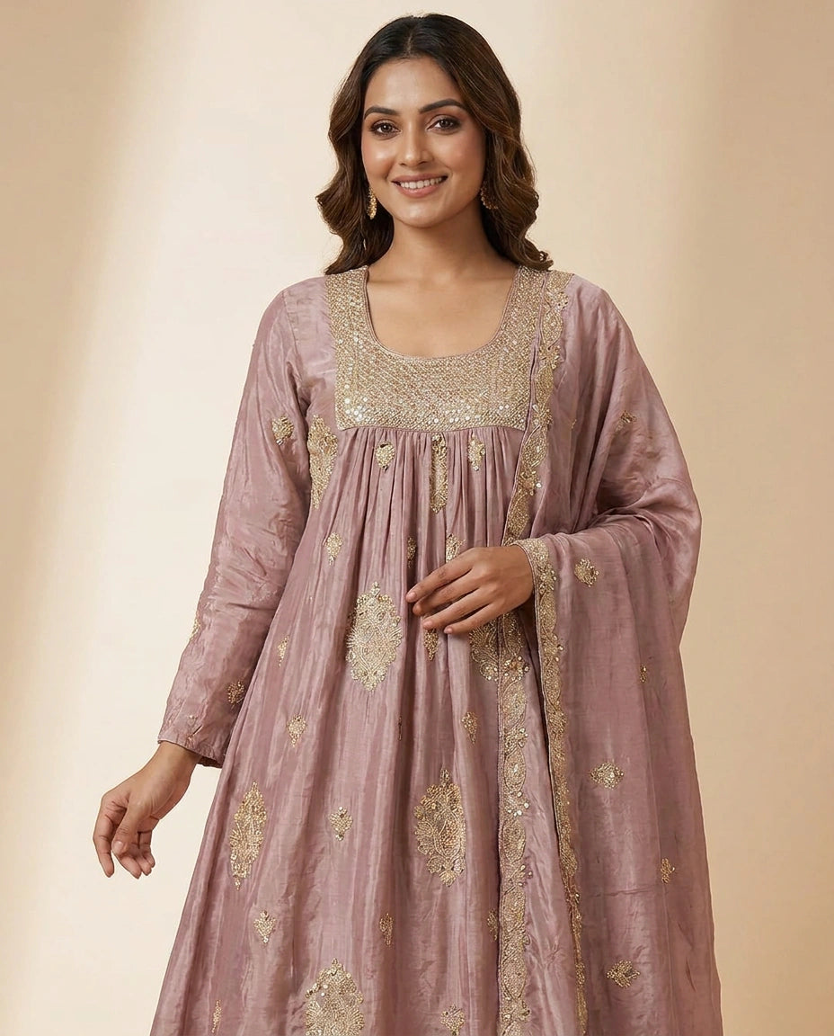 Chinon A-Line Suit with Printed Design - Rangoli India