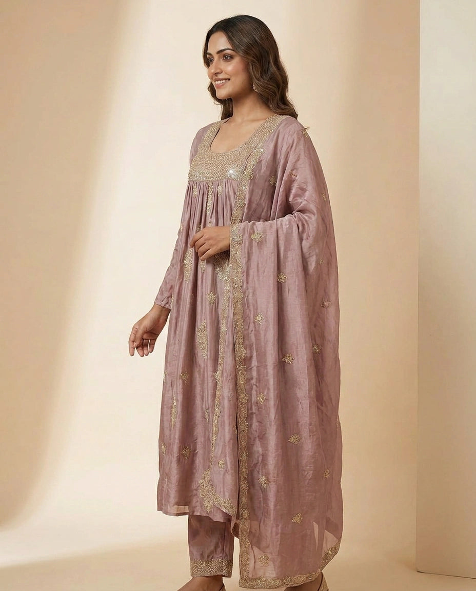 Chinon A-Line Suit with Printed Design - Rangoli India