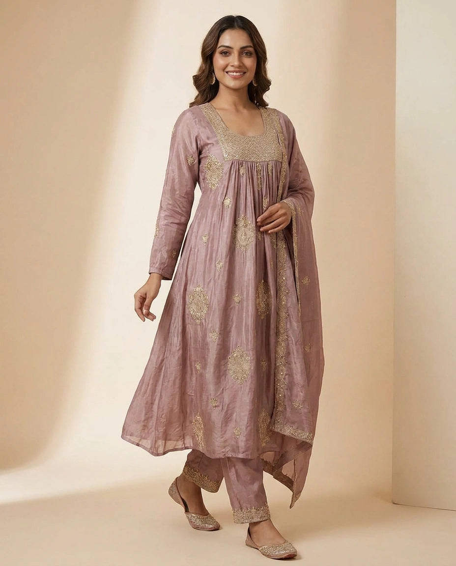 Chinon A-Line Suit with Printed Design - Rangoli India