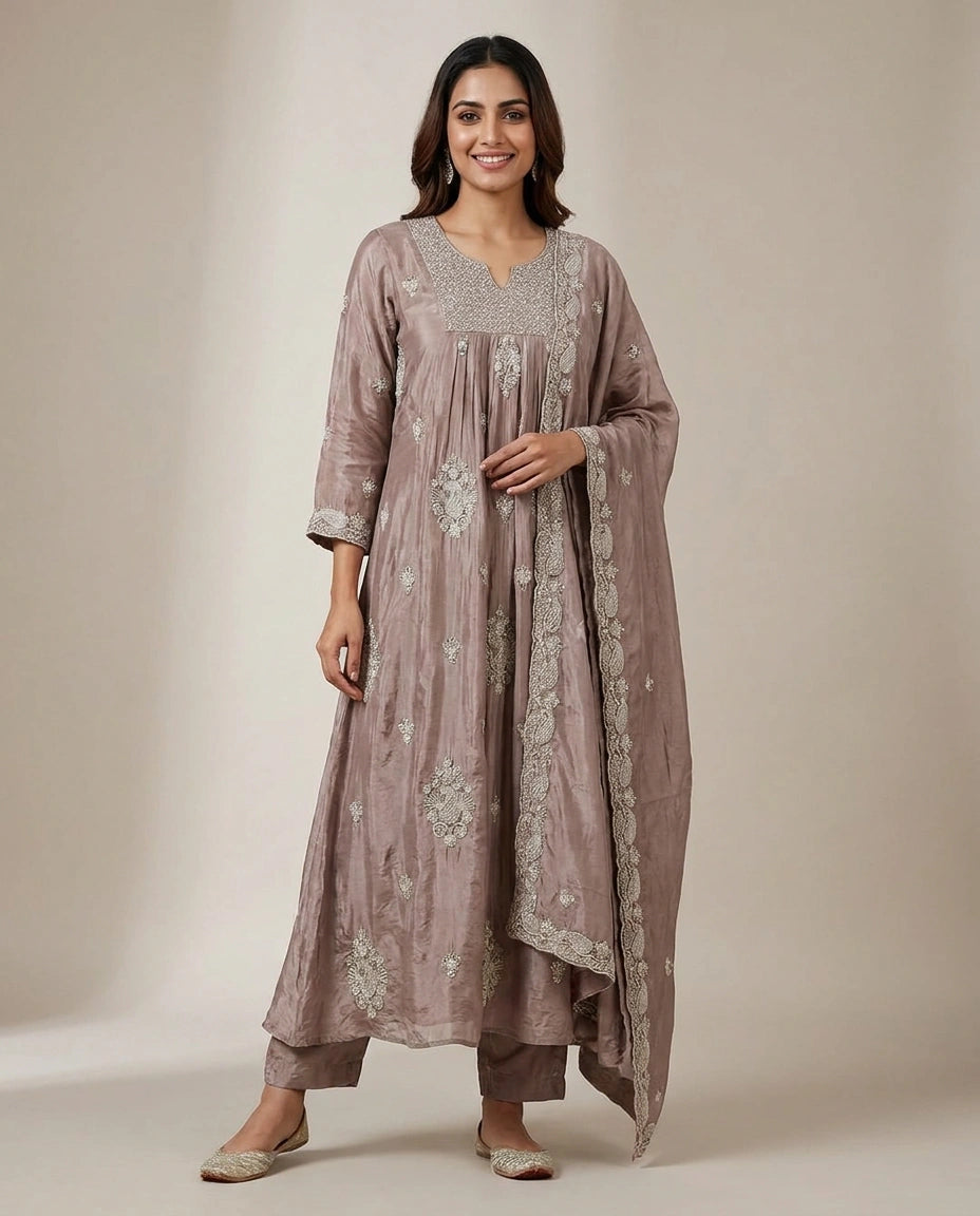 Chinon A-Line Suit with Printed Design - Rangoli India