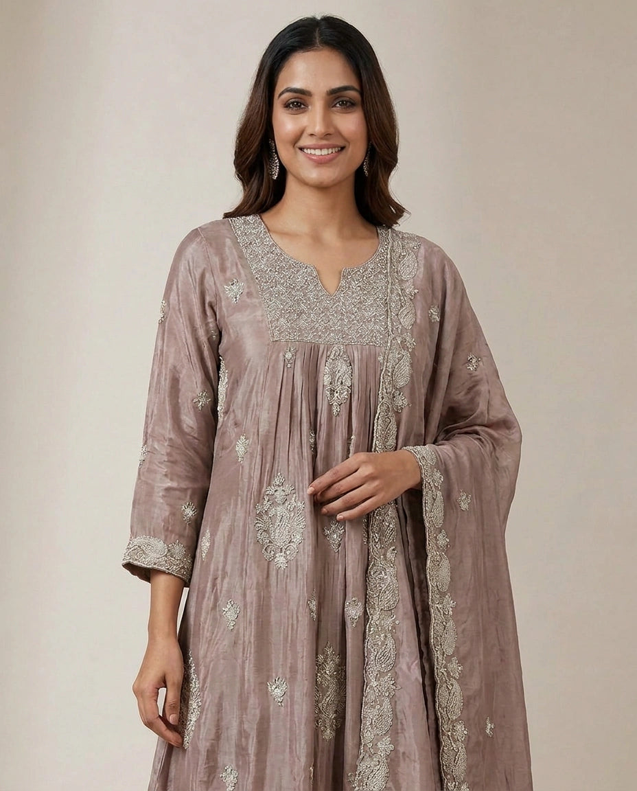 Chinon A-Line Suit with Printed Design - Rangoli India