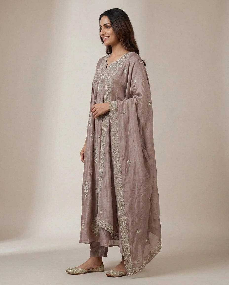 Chinon A-Line Suit with Printed Design - Rangoli India