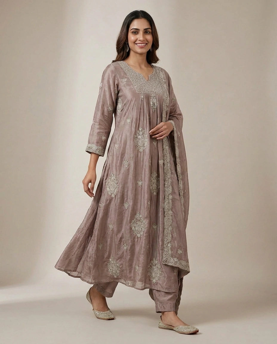 Chinon A-Line Suit with Printed Design - Rangoli India