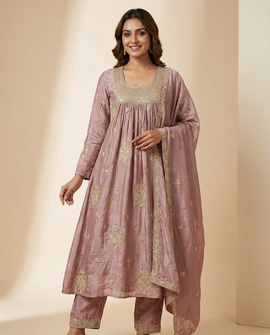 Chinon A-Line Suit with Printed Design - Rangoli India