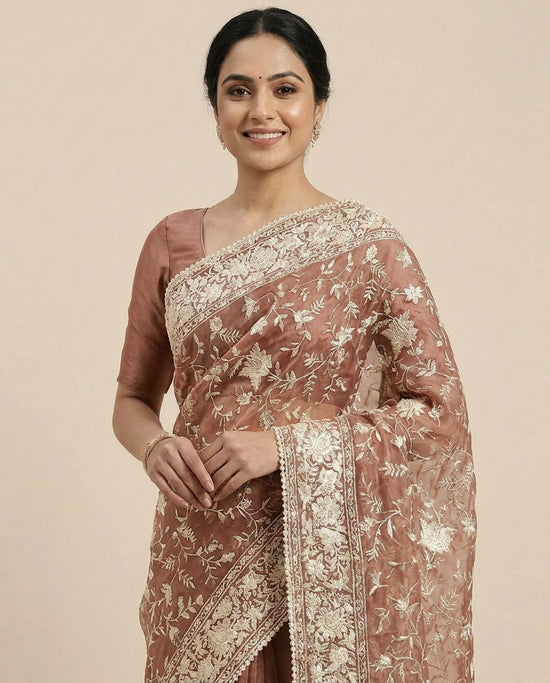 Organza Embroidered Saree with Scalloped Border - Rangoli India