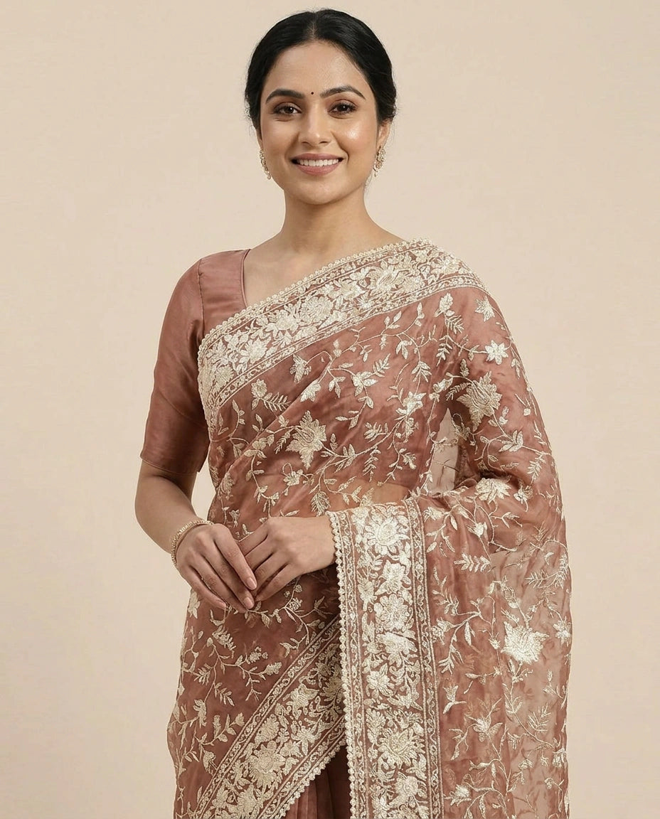 Organza Embroidered Saree with Scalloped Border - Rangoli India