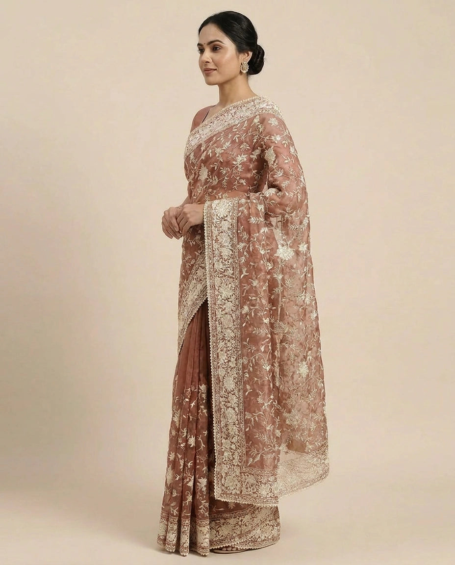 Organza Embroidered Saree with Scalloped Border - Rangoli India