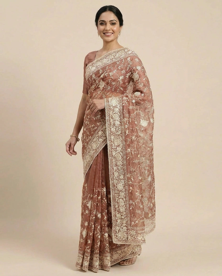 Organza Embroidered Saree with Scalloped Border - Rangoli India