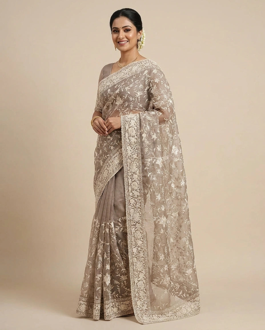 Organza Embroidered Saree with Scalloped Border - Rangoli India