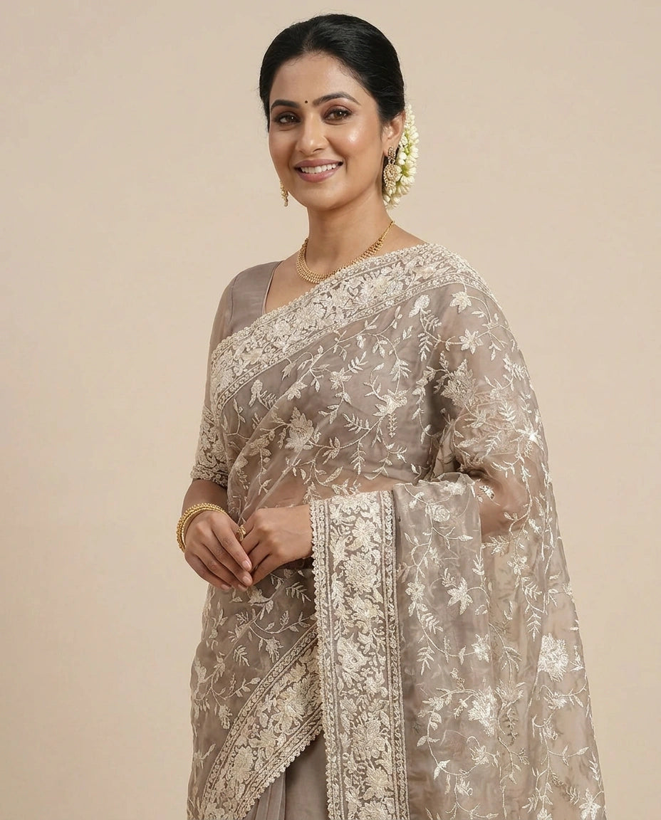 Organza Embroidered Saree with Scalloped Border - Rangoli India