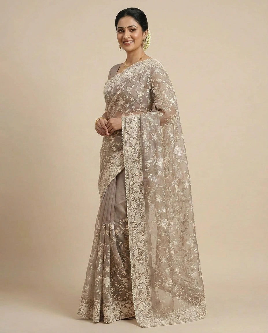 Organza Embroidered Saree with Scalloped Border - Rangoli India