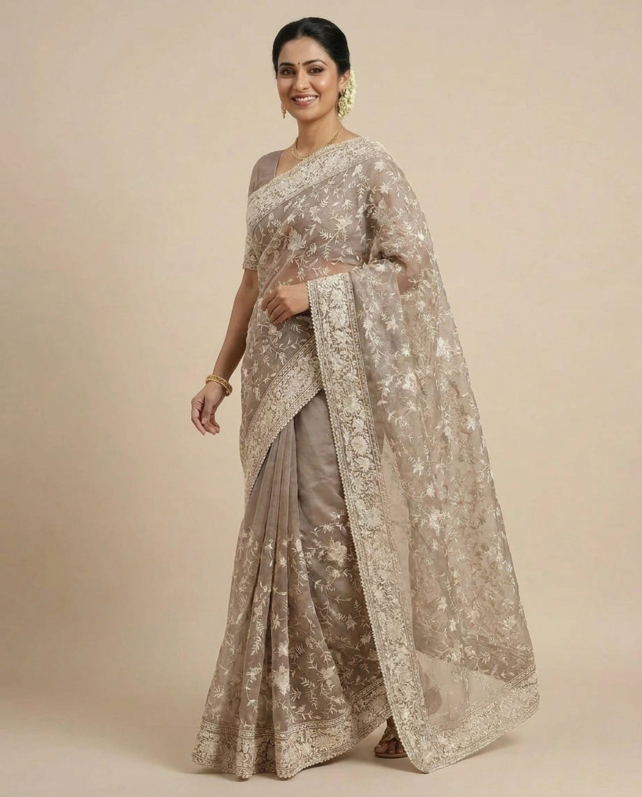 Organza Embroidered Saree with Scalloped Border - Rangoli India
