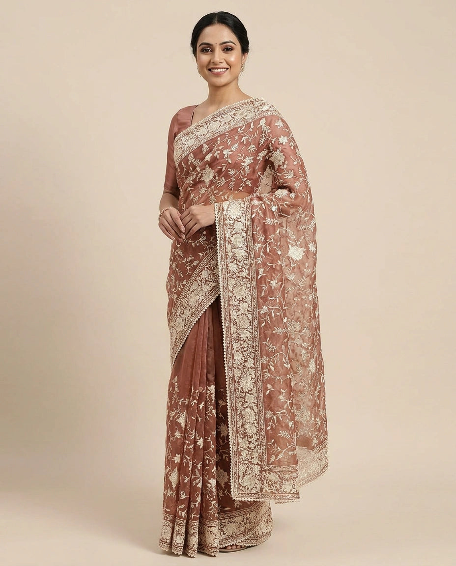 Organza Embroidered Saree with Scalloped Border - Rangoli India