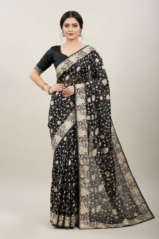 Designer Pure Organza Embroidered Saree - Firozi Blue | Rangoli