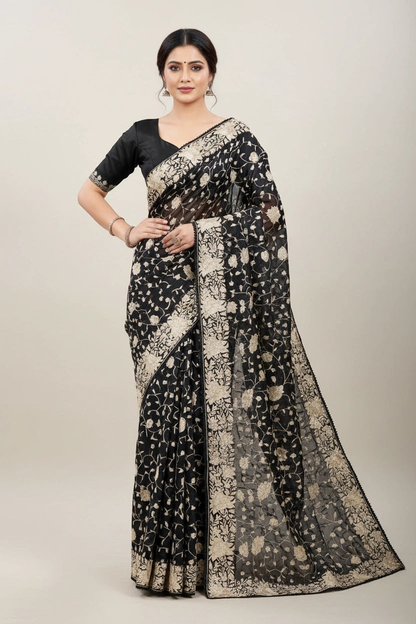 Embroidered Organza Saree with Sheer Layered Festive Drape | Rangoli