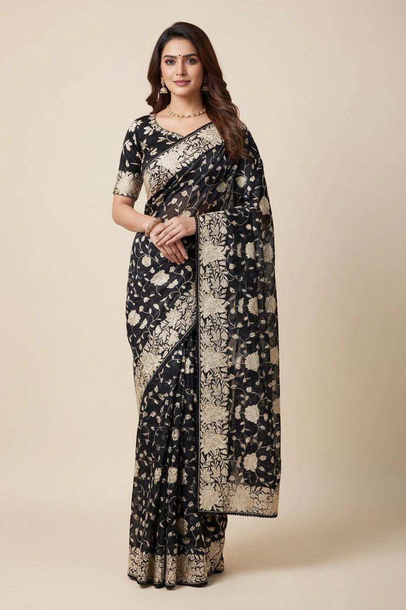 Embroidered Organza Saree with Sheer Layered Festive Drape - View 2 | Rangoli