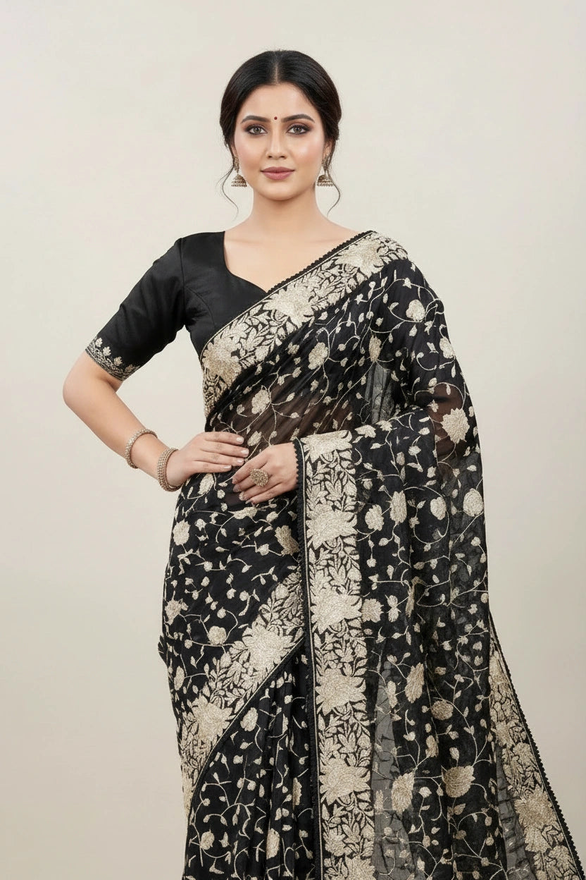 Designer Pure Organza Embroidered Saree - Navy Blue | Rangoli