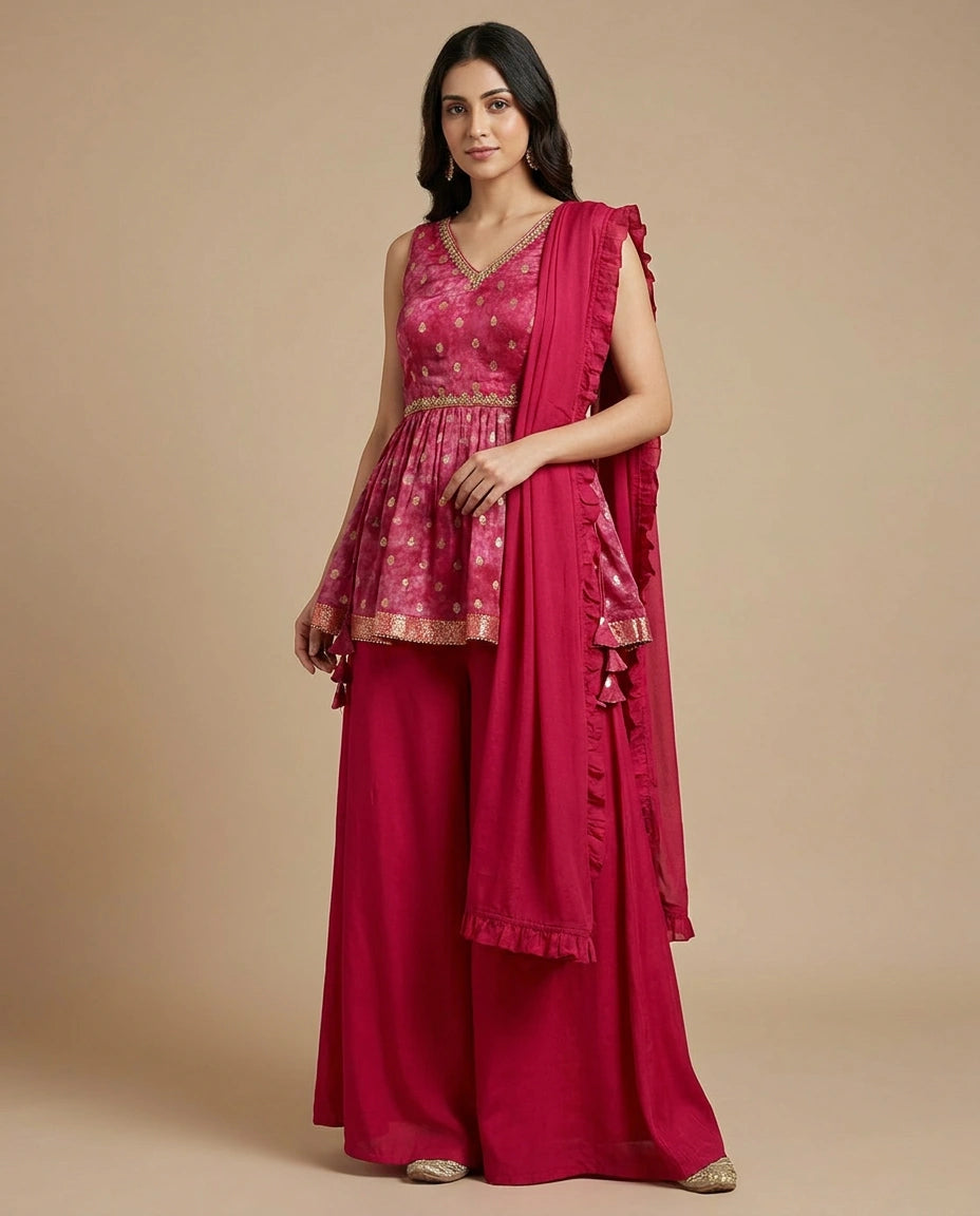 Magenta Chinon Ethnic Wear with Handcrafted Design India India