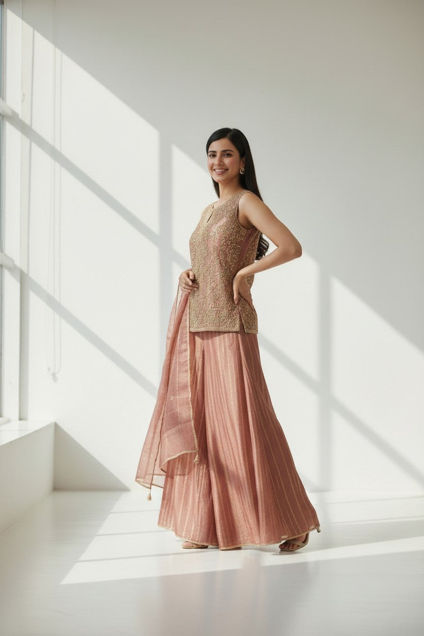 Contemporary Tissue Palazzo Suit Set - View 2 | Rangoli