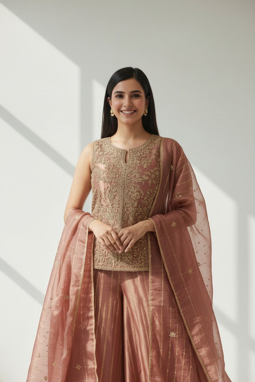 Contemporary Tissue Palazzo Suit Set - View 3 | Rangoli