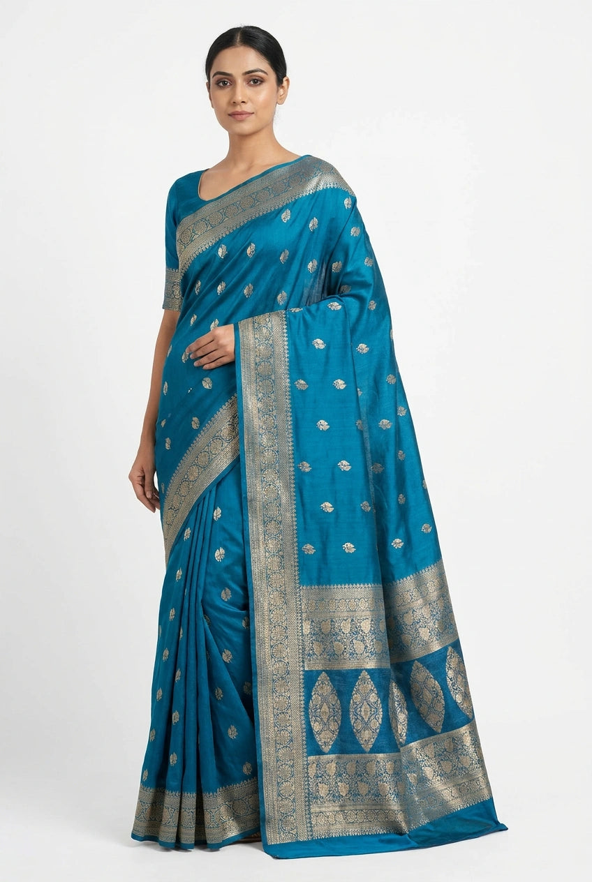 Woman wearing a blue saree with silver patterns on a white background