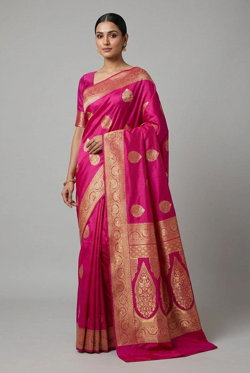 Woman wearing a pink saree with gold patterns on a gray background