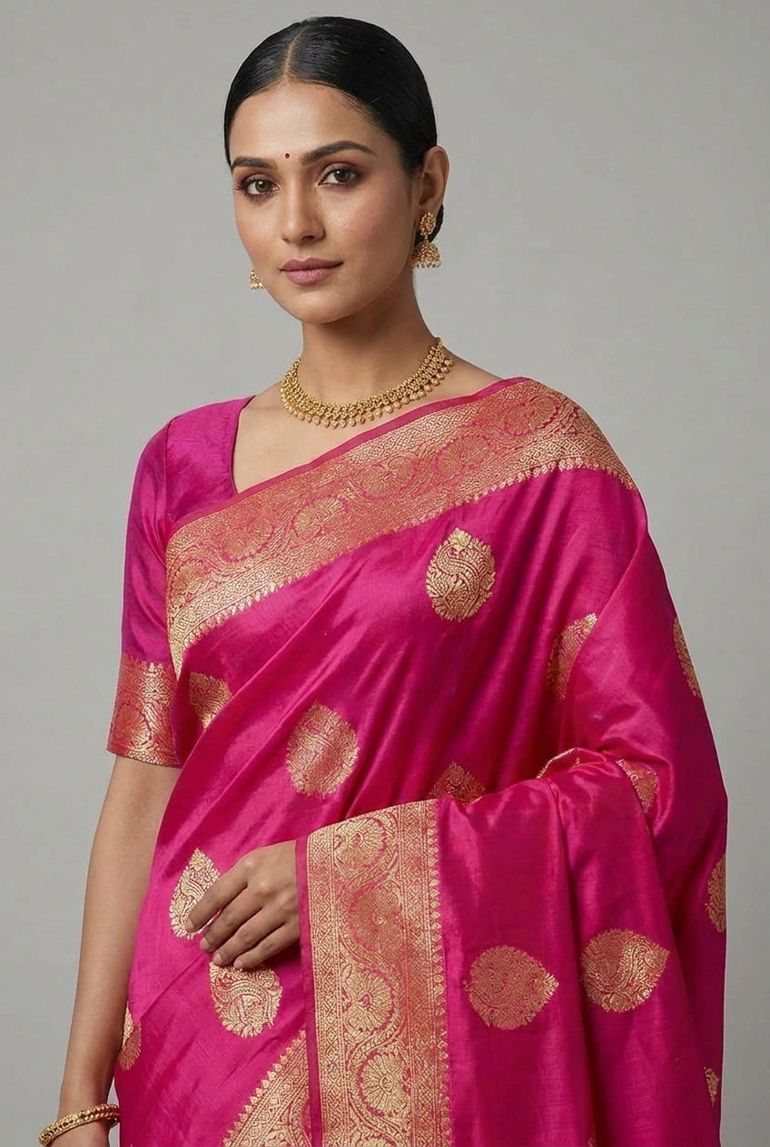 Woman wearing a pink saree with gold patterns on a gray background