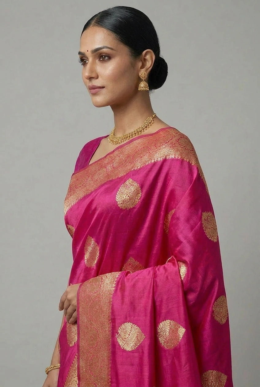 Woman wearing a pink saree with gold patterns on a gray background