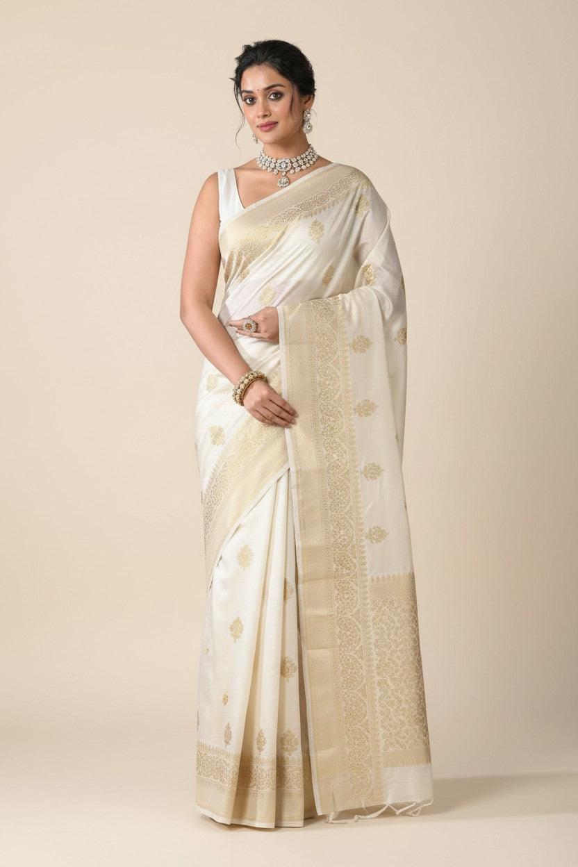 Handcrafted Dola Silk Assamese Silk Saree - Off White | Rangoli