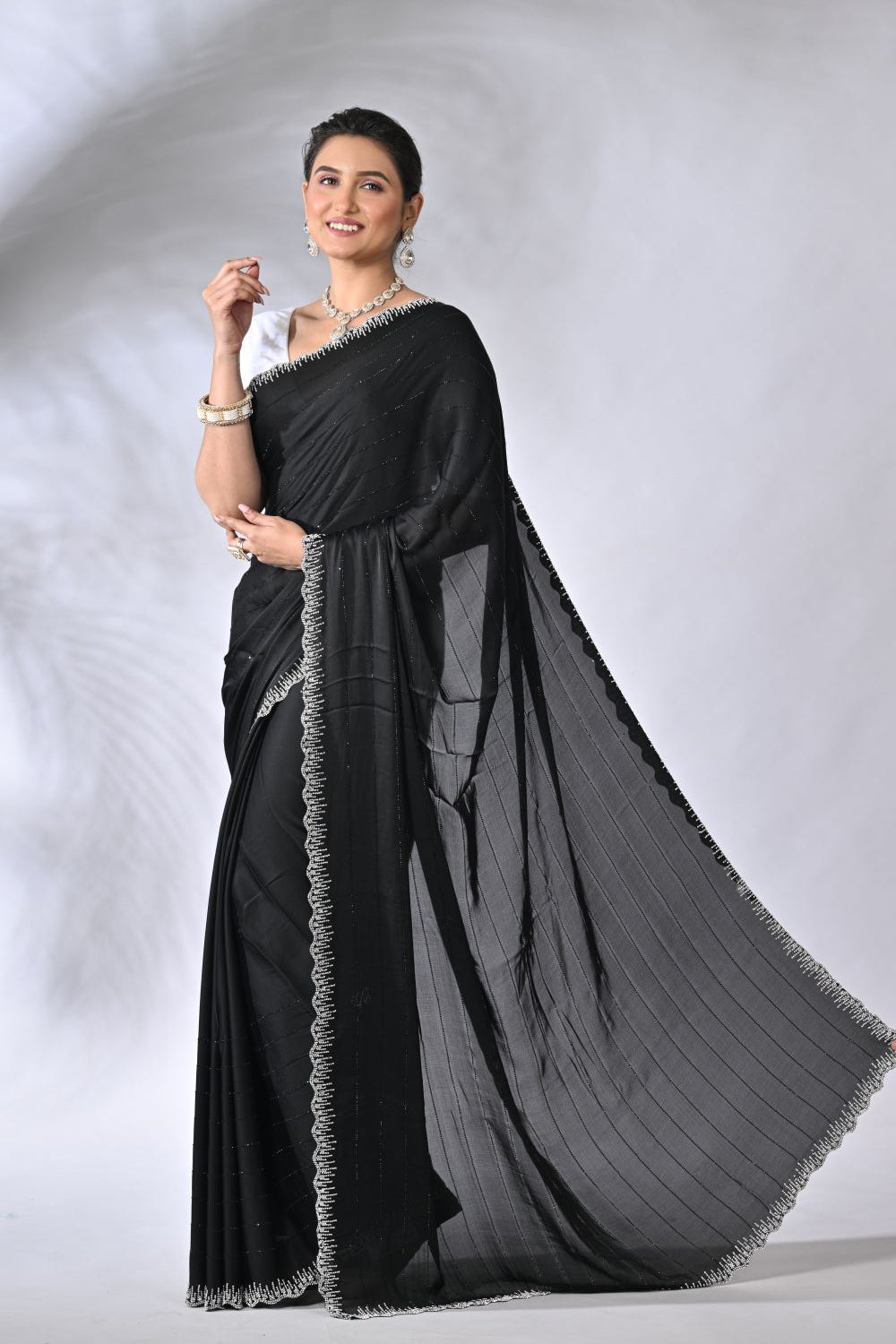 Black Crepe Satin Satin Saree