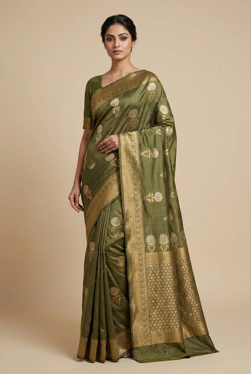 Grey Katan Silk South Saree with Temple Border for Festive Pujas