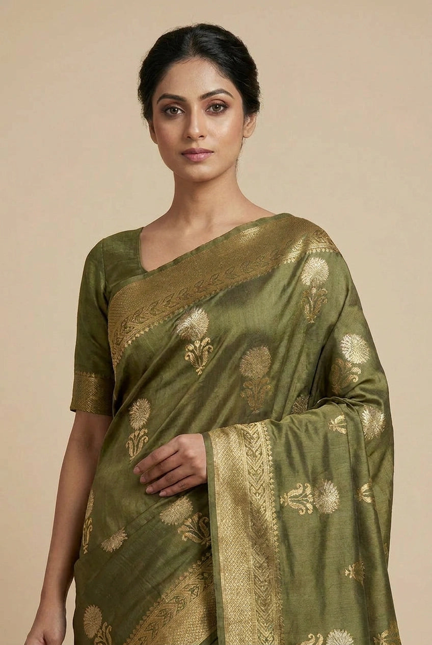 Grey Katan Silk South Saree with Temple Border for Festive Pujas