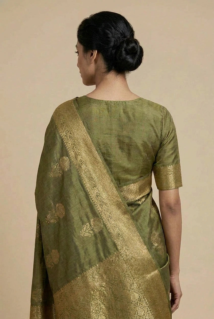 Grey Katan Silk South Saree with Temple Border for Festive Pujas