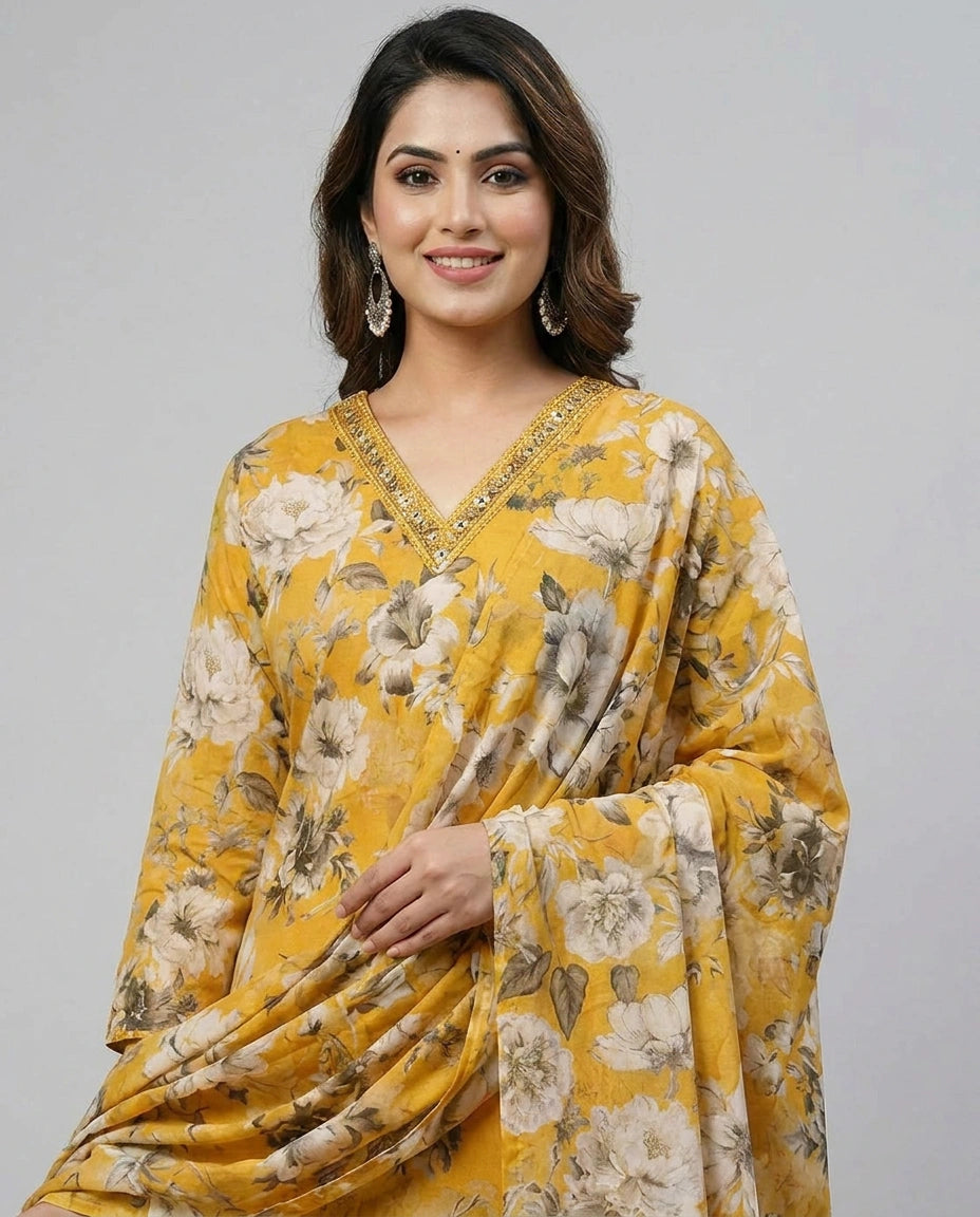Yellow Cotton Straight Suit for Women - Festive Wear - Rangoli India