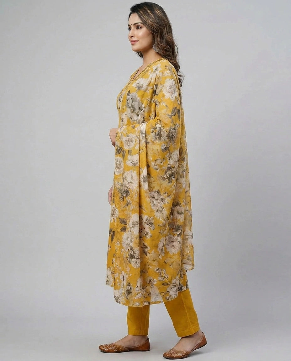 Yellow Cotton Straight Suit for Women - Festive Wear