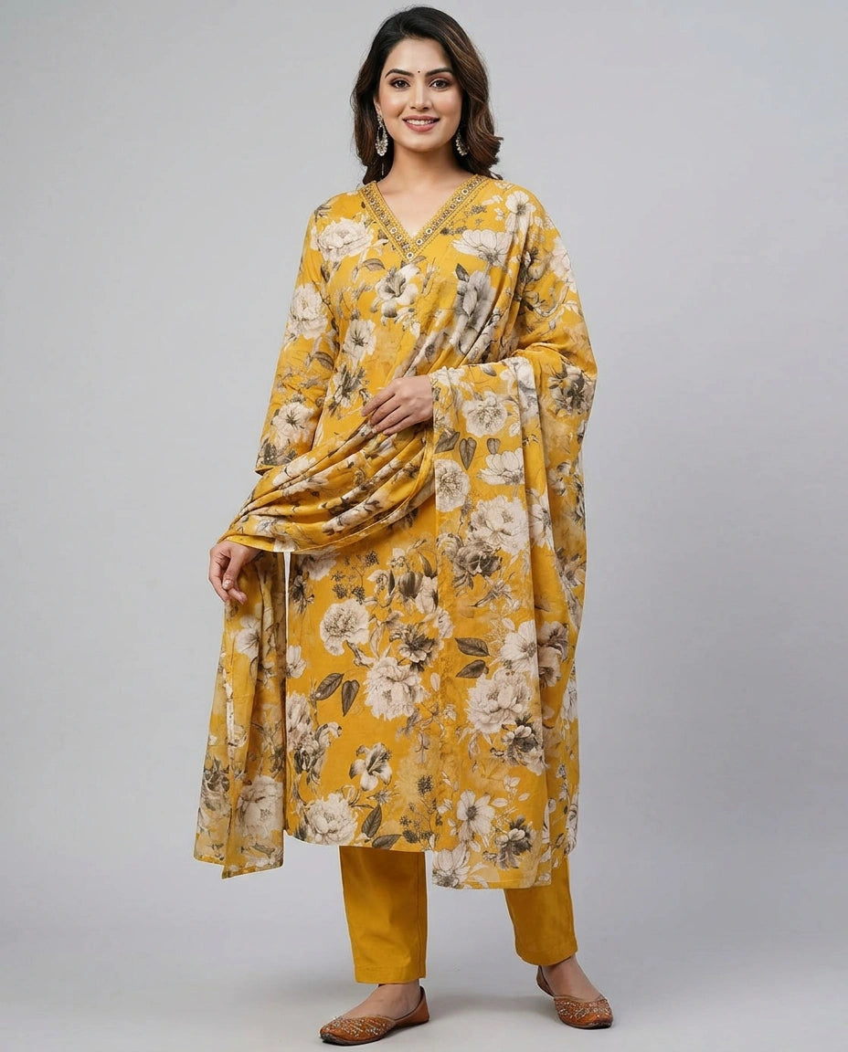 Yellow Cotton Straight Suit for Women - Festive Wear - Rangoli India